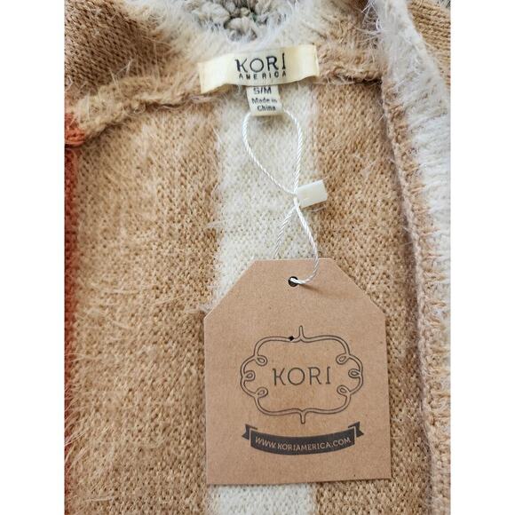 KORI America Striped Eyelash Fringe Boho Kimono Cardigan Sweater S/M - Picture 4 of 6